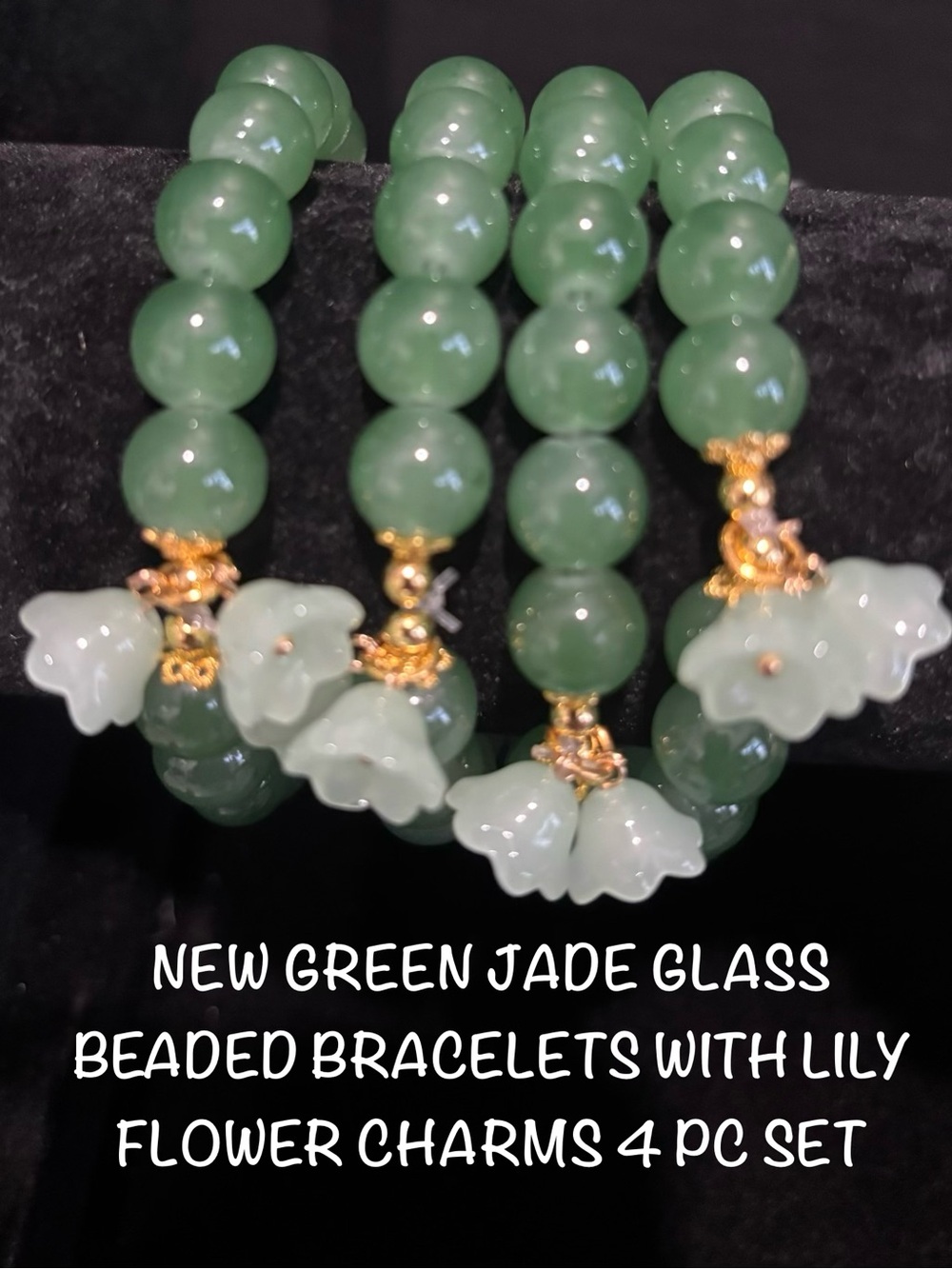 New Green Jade Like Glass Beaded Bracelets with Lily Flower Charms 4pc Set